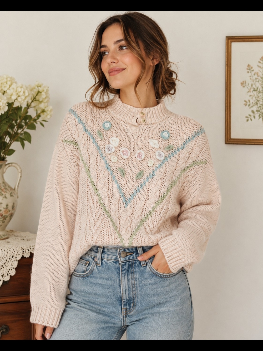 Vintage Sugar Co LTD Floral Cable Knit Sweater L Cottagecore Grannycore 80s 90s
